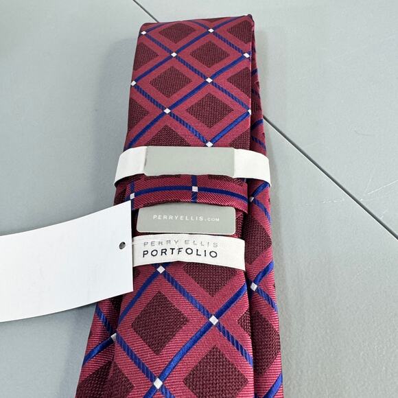 Perry‎ Ellis Portfolio Mens Necktie Hendry Grid Maroon Office Professional New - Picture 6 of 11